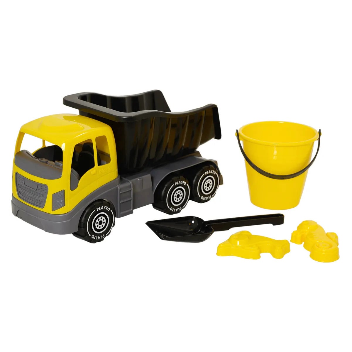 Plasto, sandsett med lastebil 40 cm, bøtte, spade og 2 sandformer