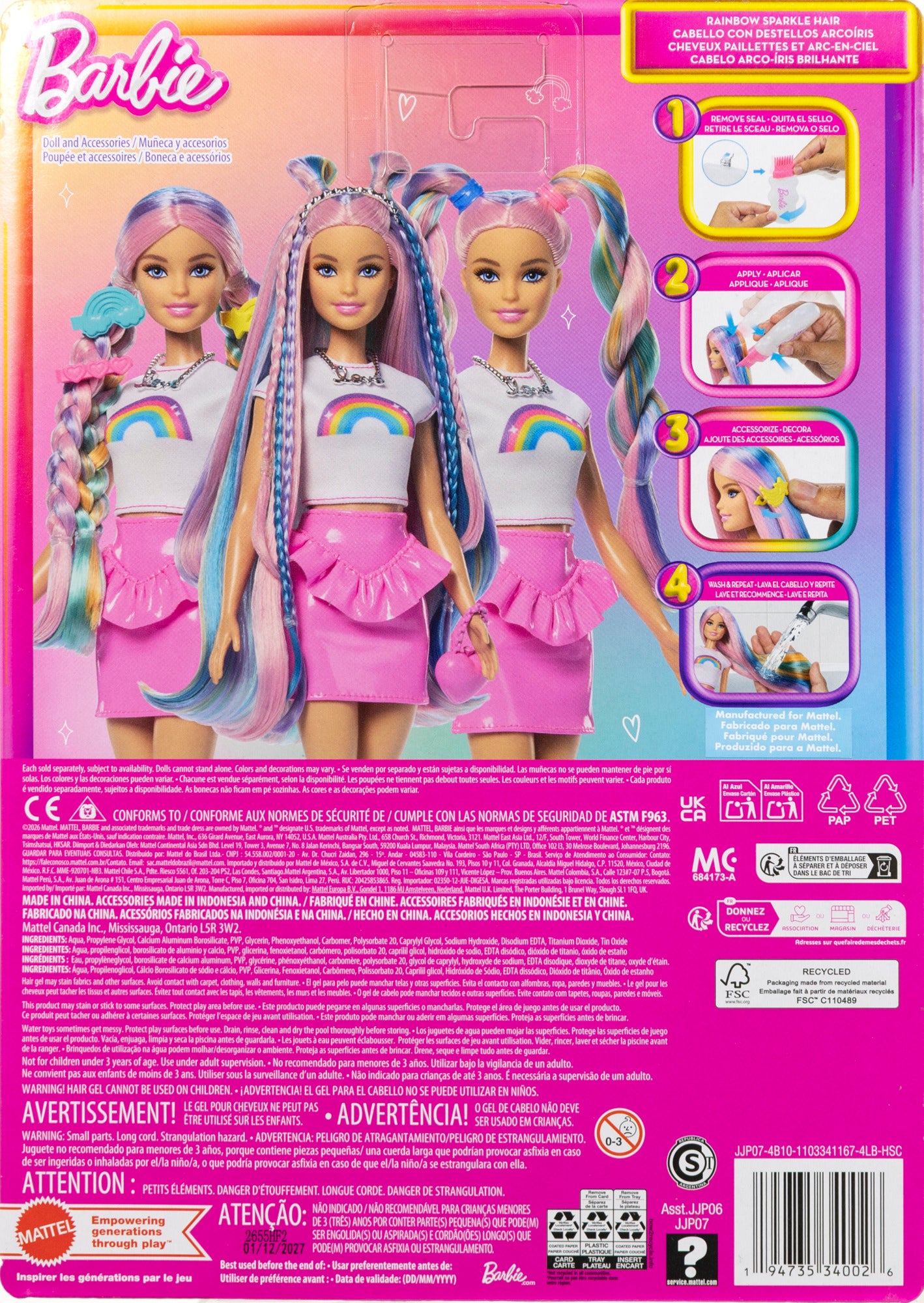 Barbie Rainbow Sparkle Hair dukke med langt hår og tilbehør