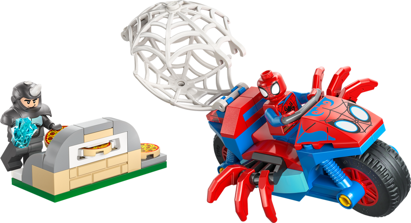 Spidey på motorsykkel mot Rhino