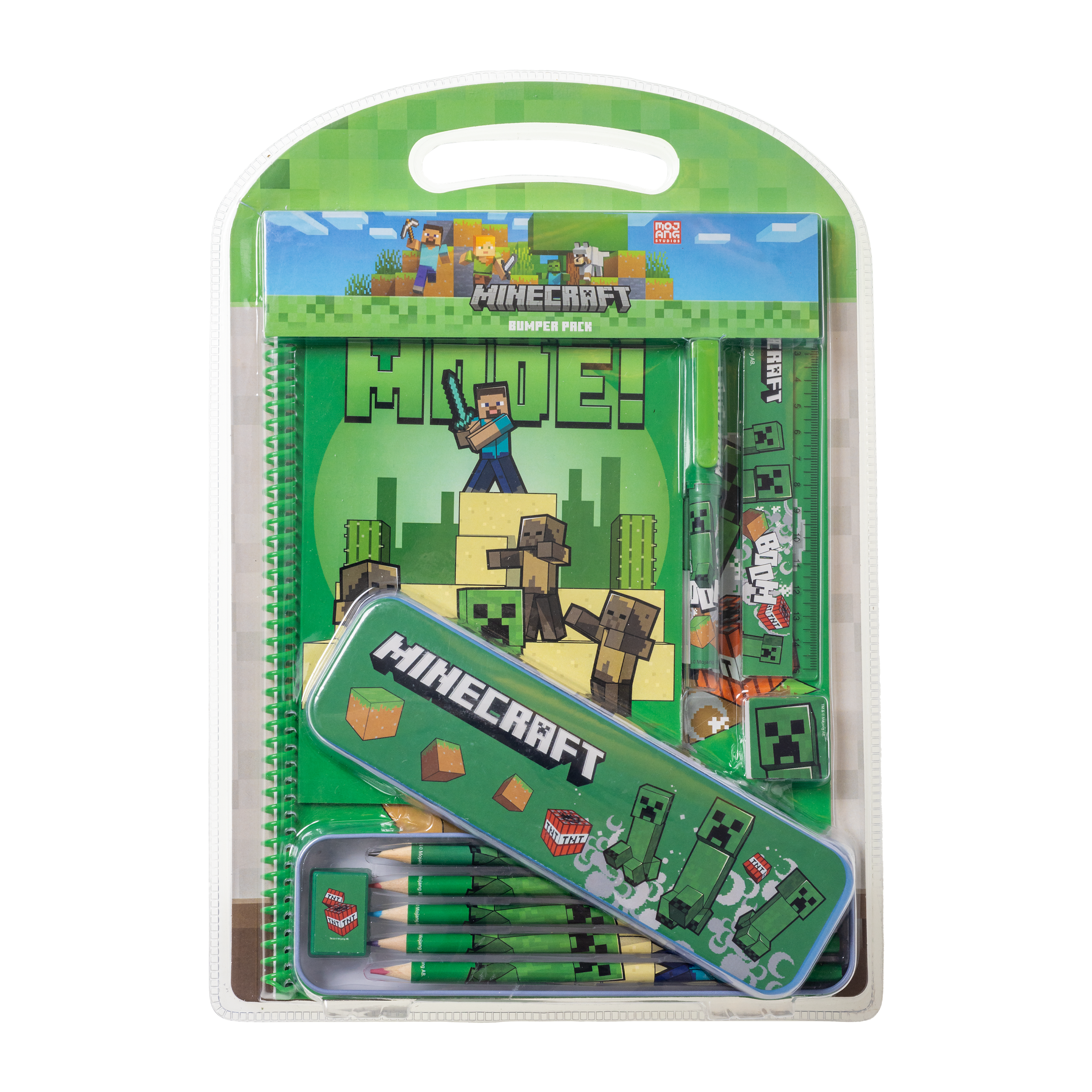 MINECRAFT, stort skrivesett med metallpenal og A4-notatbok