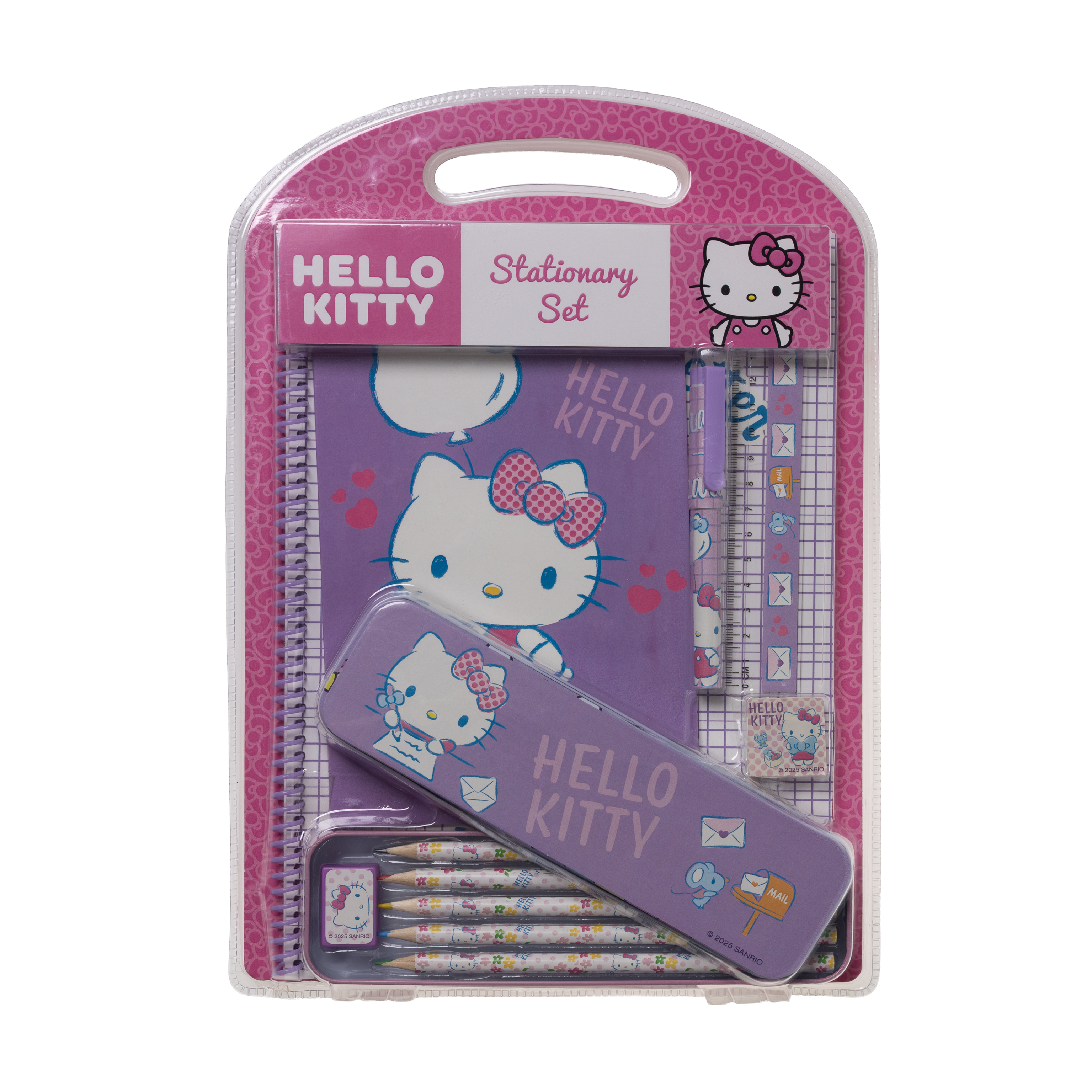HELLO KITTY, stort skrivesett med metallpenal og A4-notatbok