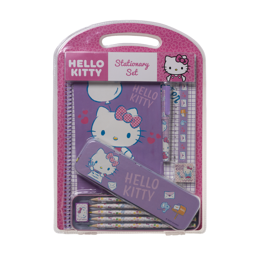 HELLO KITTY, stort skrivesett med metallpenal og A4-notatbok