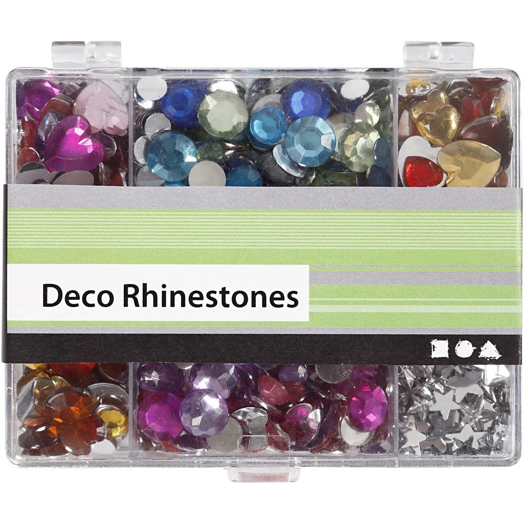 Rhinestones i eske, blå, rosa, sølv, runde, stjerner, hjerter