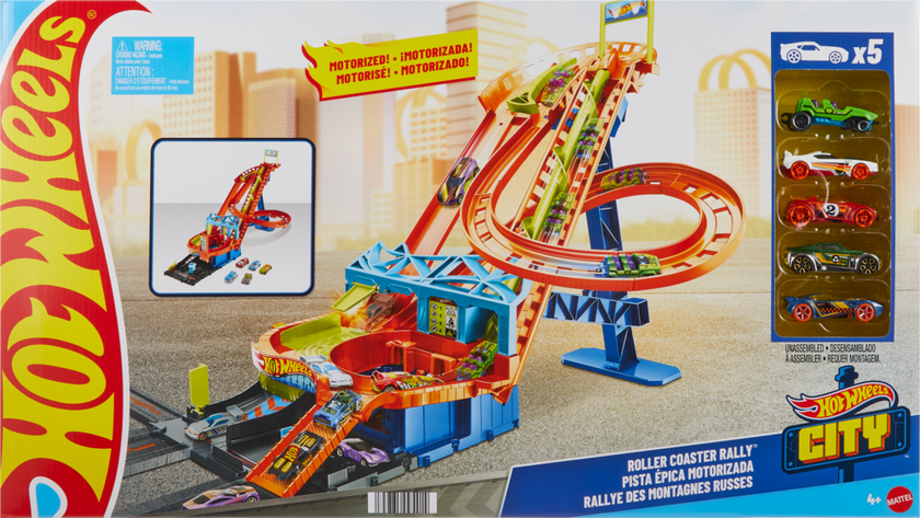 Hot Wheels City Roller Coaster Rally-banzesett med 5 biler
