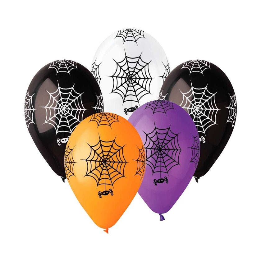 Halloween, ballong edderkoppnett 30 cm blandede farger 5 stk/sstk