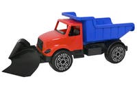 Plasto - Stor plogbil 82 cm, rød hytte og blå tippbart plan