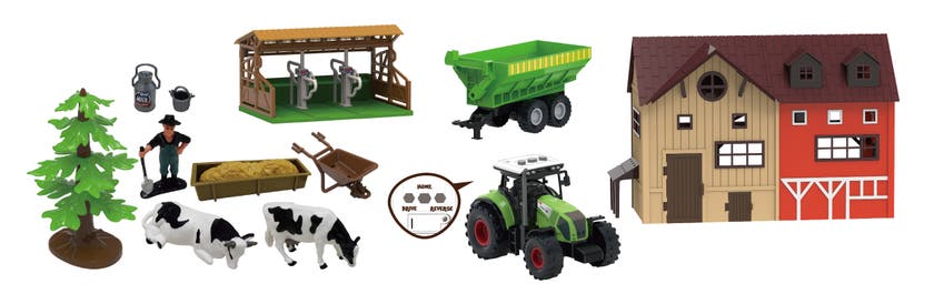 Bondegård med dyr og traktor
