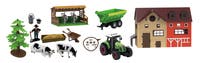 Bondegård med dyr og traktor