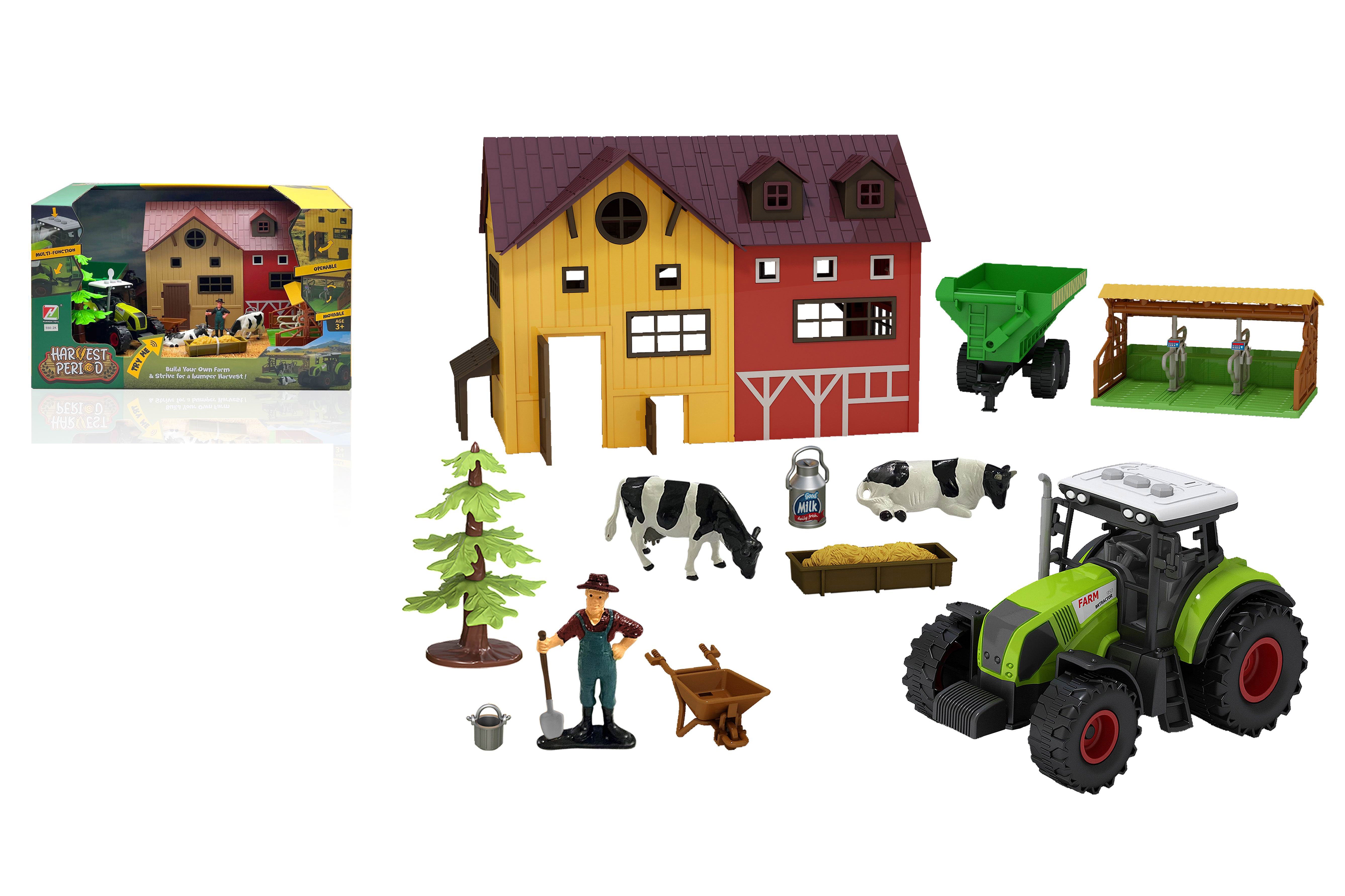 Bondegård med dyr og traktor