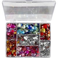Rhinestones i eske, blå, rosa, sølv, runde, stjerner, hjerter