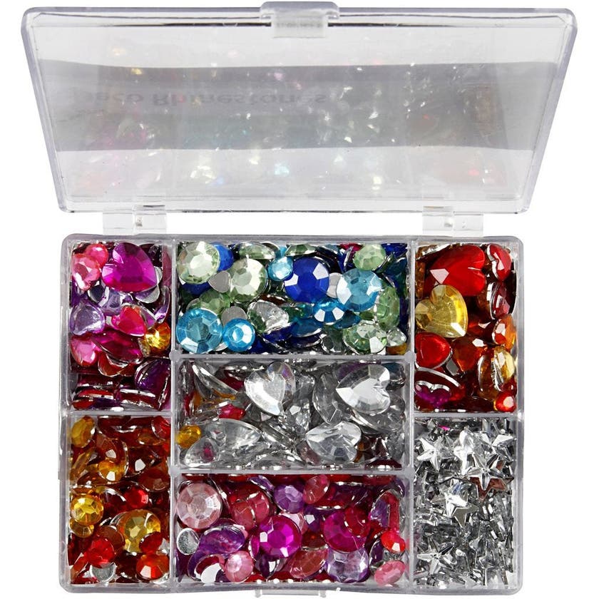 Rhinestones i eske, blå, rosa, sølv, runde, stjerner, hjerter