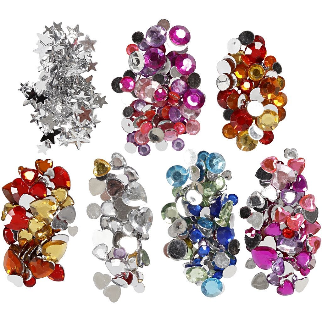 Rhinestones i eske, blå, rosa, sølv, runde, stjerner, hjerter