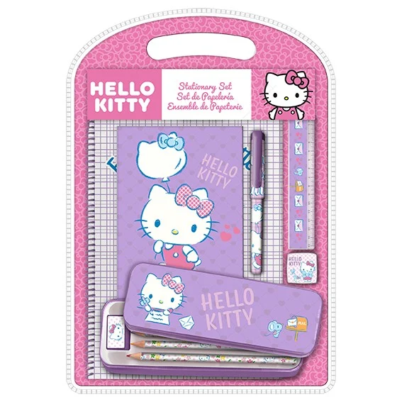 HELLO KITTY, stort skrivesett med metallpenal og A4-notatbok