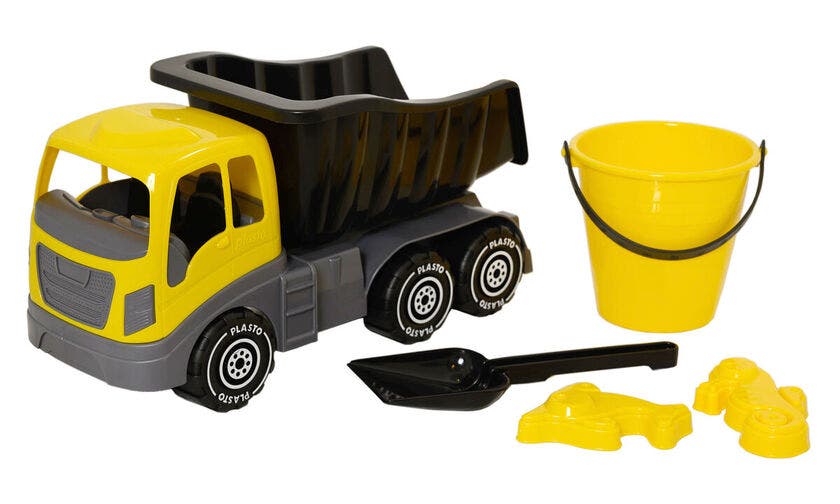 Plasto, sandsett med lastebil 40 cm, bøtte, spade og 2 sandformer