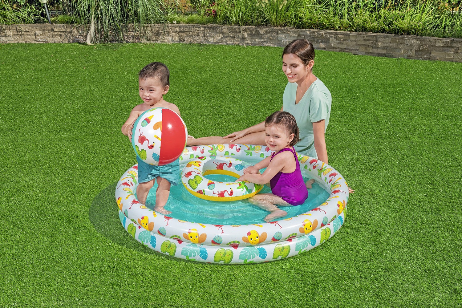 3-i-1 sett med basseng, bading sring & strandboll Ø122 cm